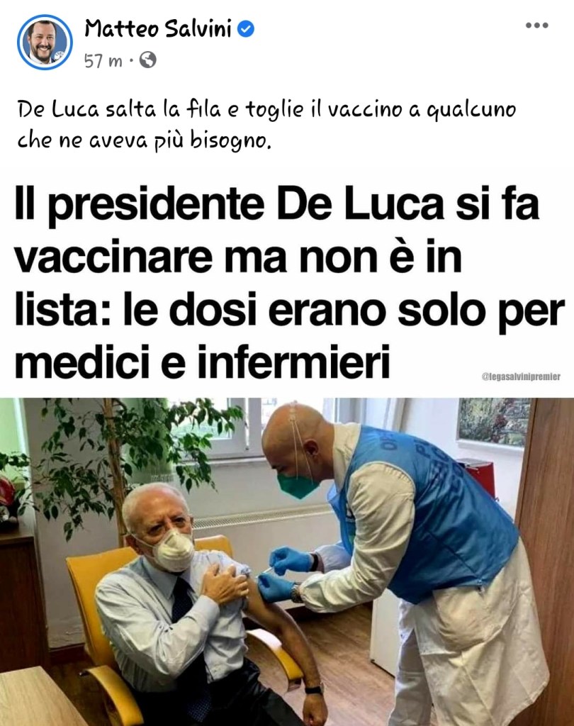 V-Day. Salvini: “De Luca toglie il vaccino a medici e infermieri”