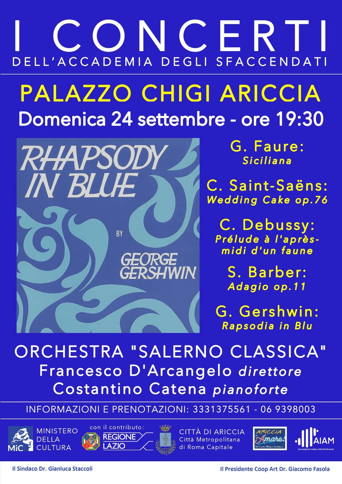 Ariccia: Rapsodia in blu di Gershwin inaugura ciclo autunnale de “I Concerti dell’Accademia degli Sfaccendati” a Palazzo Chigi